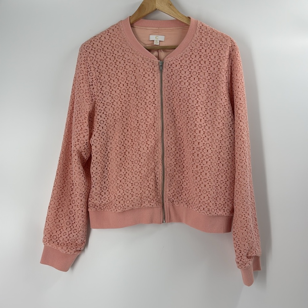 Lace jacket soft pink zip front close lined cotton blend spring summer casual